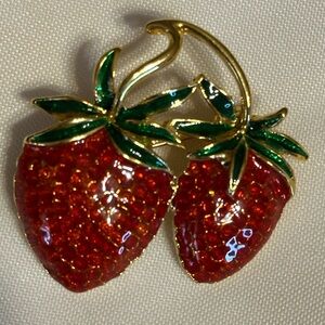 Beautiful Red Enamel Strawberry Brooch 1 3/4 x 1 3/4”.